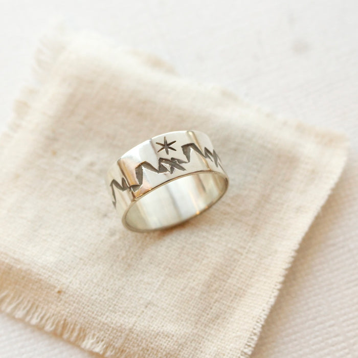 Stamped Mountain & Stars Silver Ring