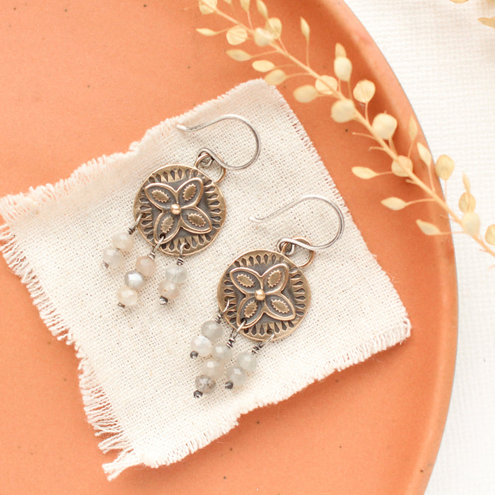 Bronze Wanderer Coin Gray Moonstone Earrings