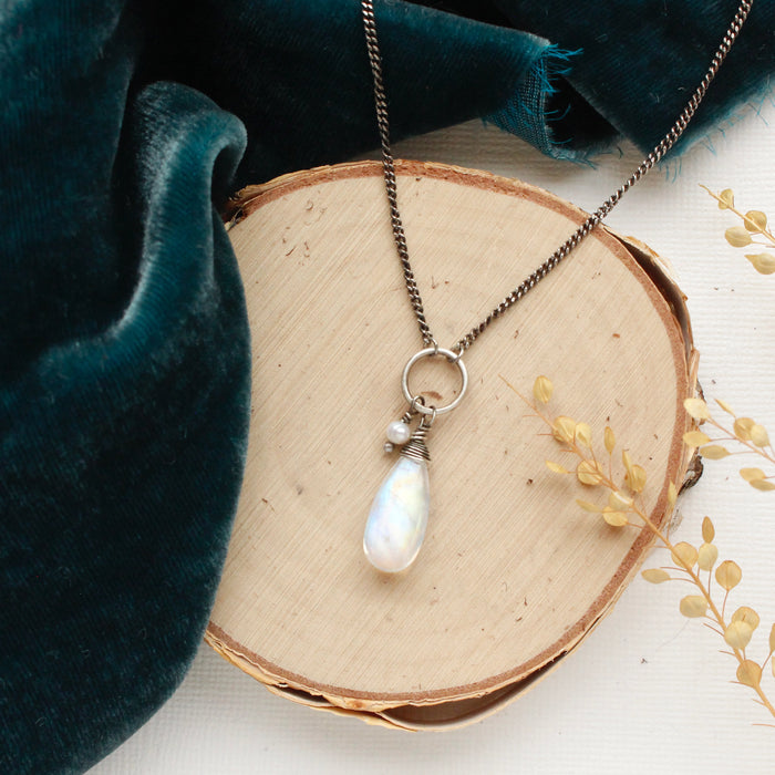 High Grade Moonstone & Pearl Charm Necklace