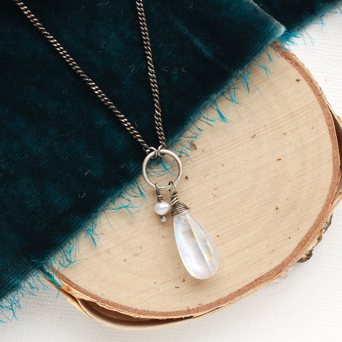 High Grade Moonstone & Pearl Charm Necklace