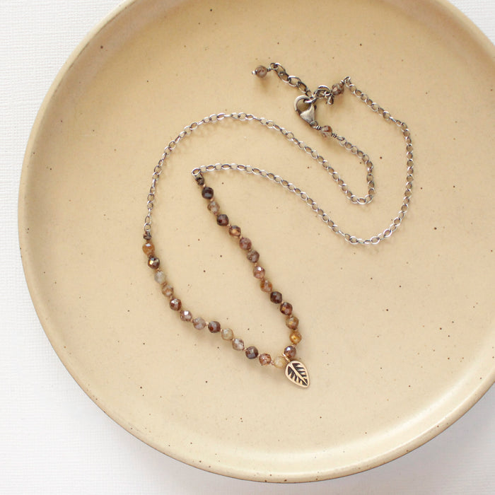 Knotted Brown Zircon & Bronze Leaf Necklace