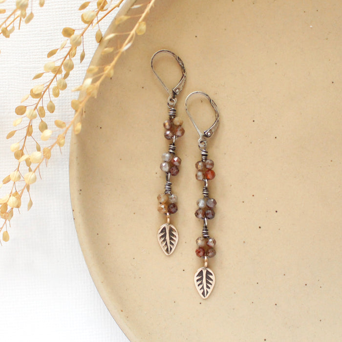 Flowing Brown Zircon Bronze Leaf Earrings