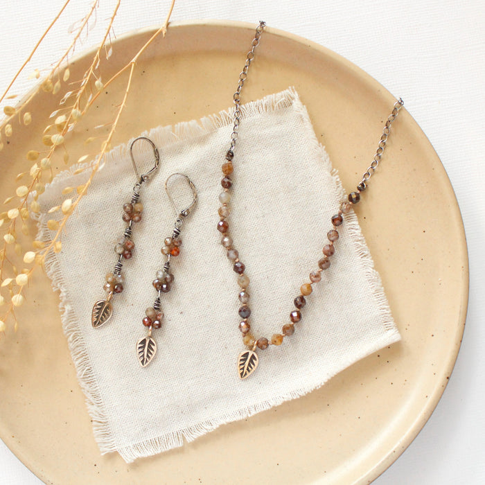 Flowing Brown Zircon Bronze Leaf Earrings