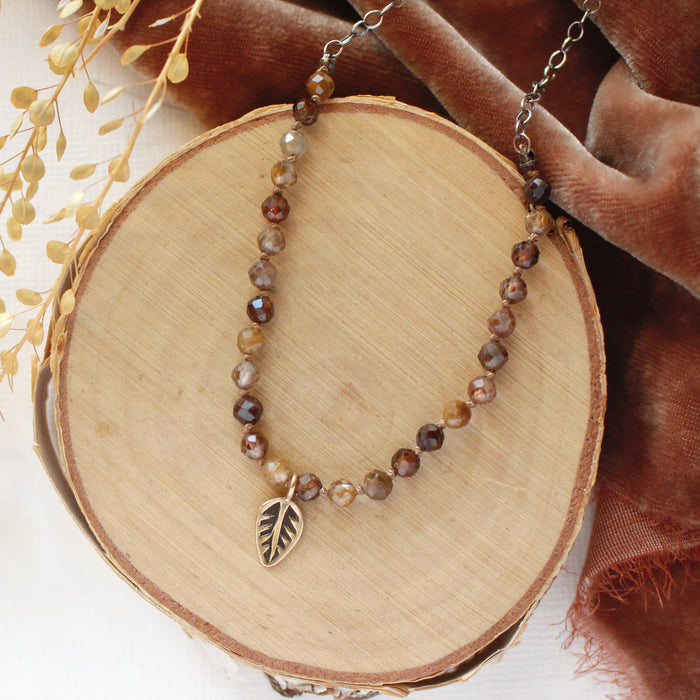 Knotted Brown Zircon & Bronze Leaf Necklace