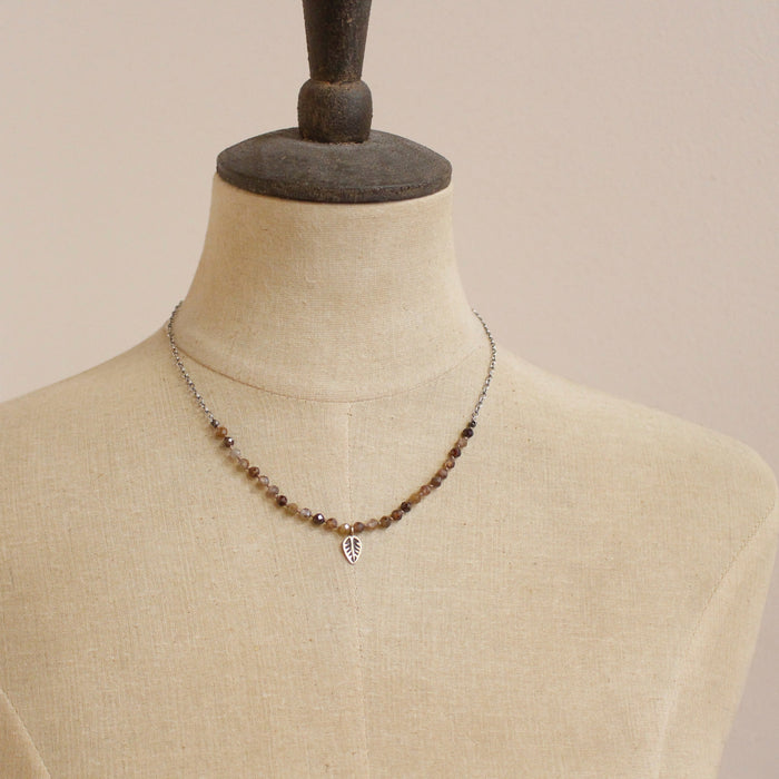 Knotted Brown Zircon & Bronze Leaf Necklace