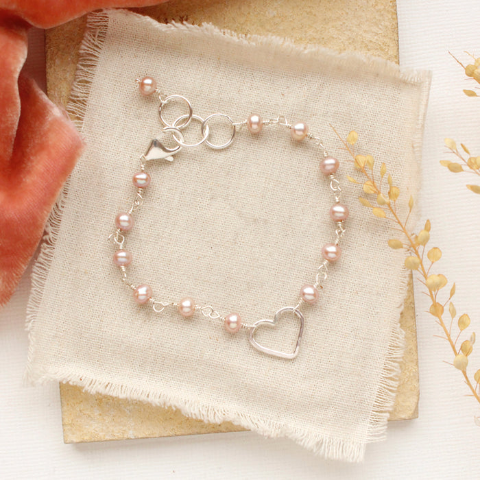 Pink Pearl Silver Heart Bracelet