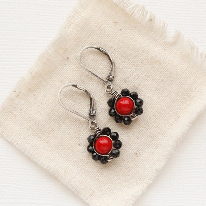 Coral & Black Tourmaline Flower Earrings