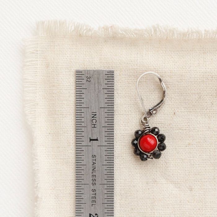 Coral & Black Tourmaline Flower Earrings