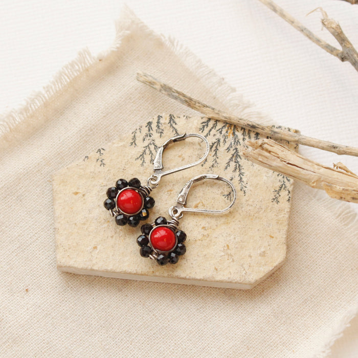 Coral & Black Tourmaline Flower Earrings