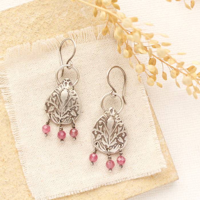 Embossed Teardrop Pink Tourmaline Earrings