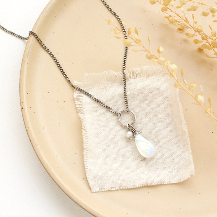 High Grade Moonstone & Pearl Charm Necklace