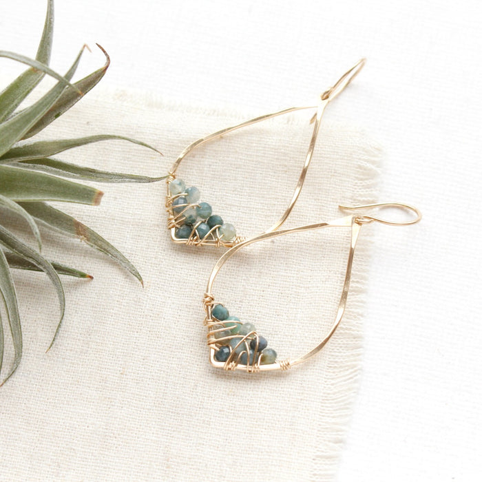 Blue Tourmaline Cluster Pointed Gold Hoop Earrings