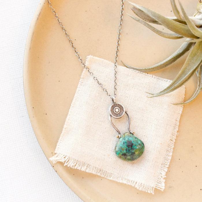 Stamped Sun & Pinned Chrysocolla Necklace