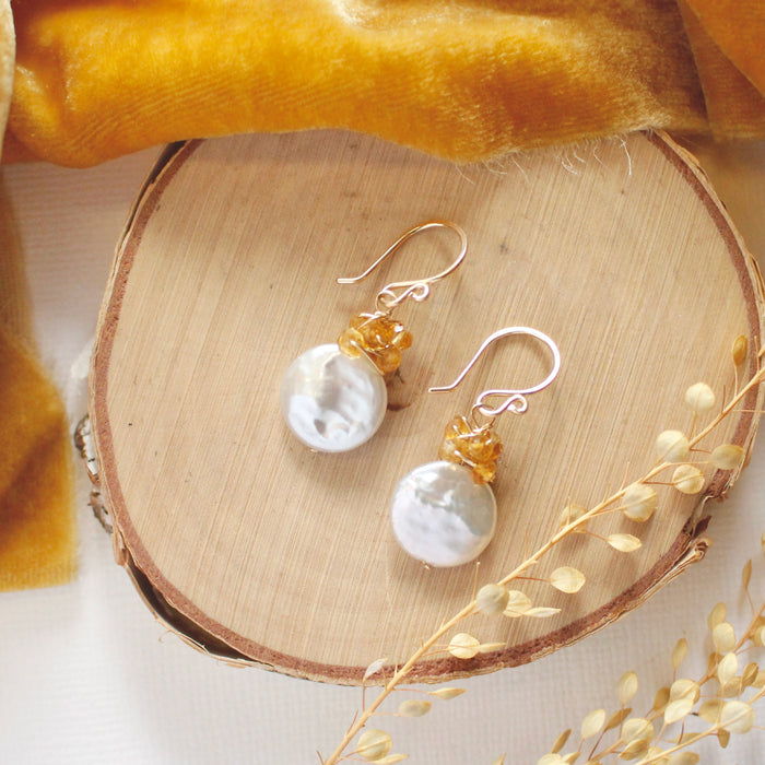 Citrine Cluster Pearl Earrings