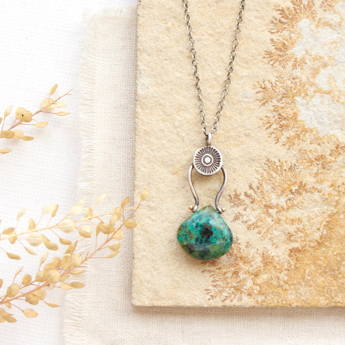 Stamped Sun & Pinned Chrysocolla Necklace