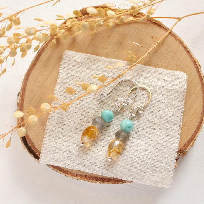 Stacked Labradorite, Turquoise, & Citrine Earrings