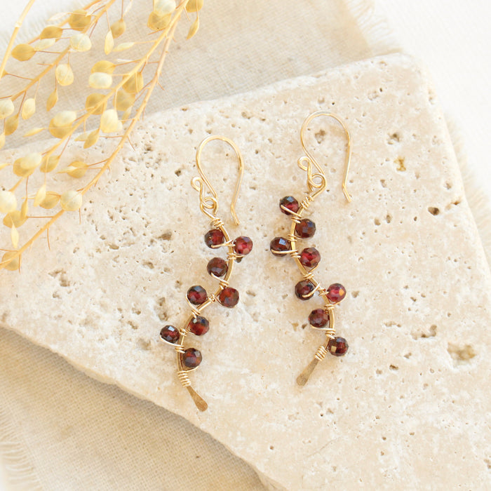 Garnet Wrapped Gold Vine Earrings