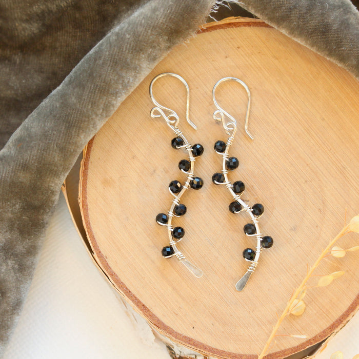 Onyx Wrapped Silver Vine Earrings