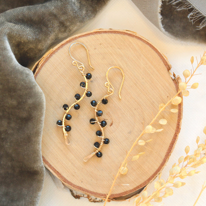 Onyx Wrapped Gold Vine Earrings