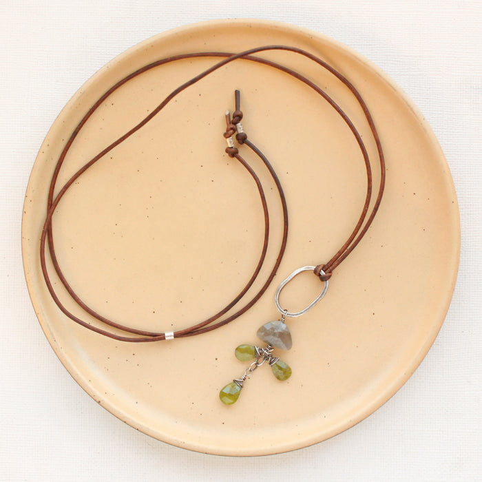 Vesuvianite & Labradorite Long Leather Necklace