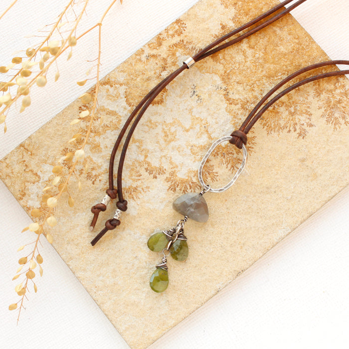 Vesuvianite & Labradorite Long Leather Necklace