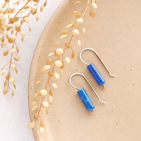 The lapis lobe hugger earrings styled on a tan plate with dried grass