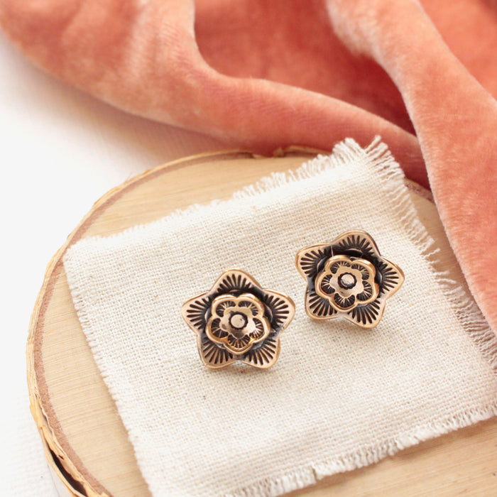 Bronze Layered Cactus Flower Chunky Post Earrings