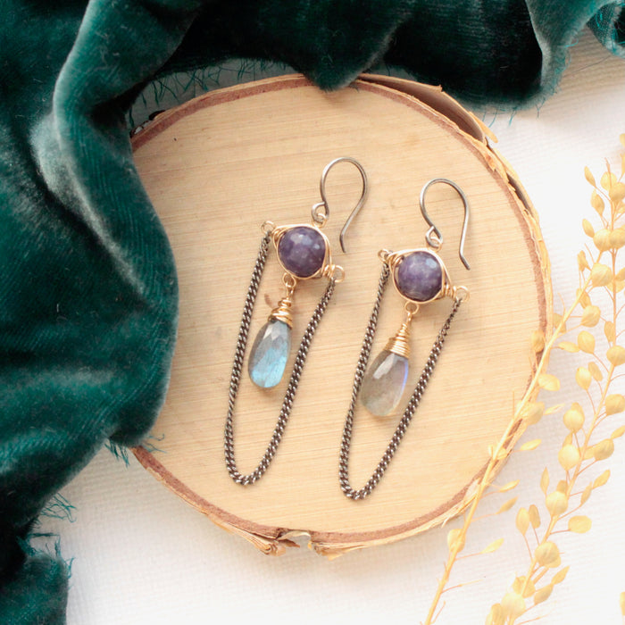Lepidolite & Labradorite Chain Earrings