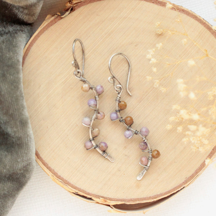Phosphosiderite Wrapped Silver Vine Earrings