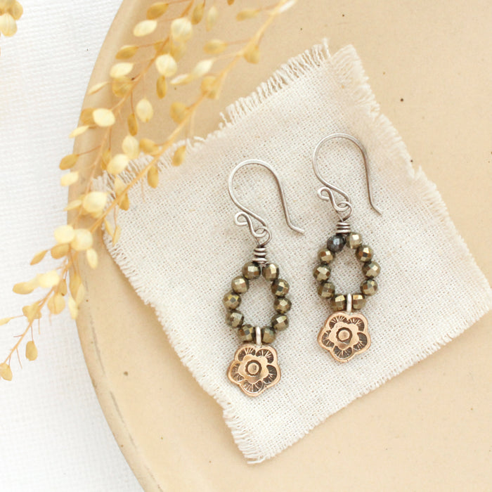 Bronze Mini Cactus Flower Pyrite Hoop Earrings