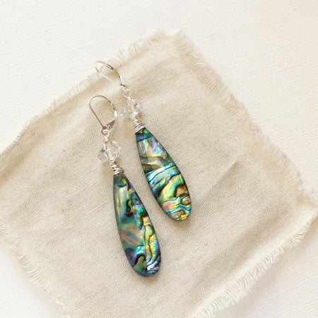 The abalone herkimer diamond earrings styled on tan linen