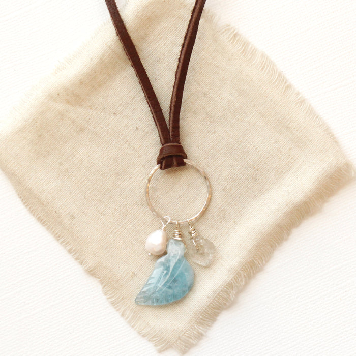 Aquamarine Leather Charm Necklace