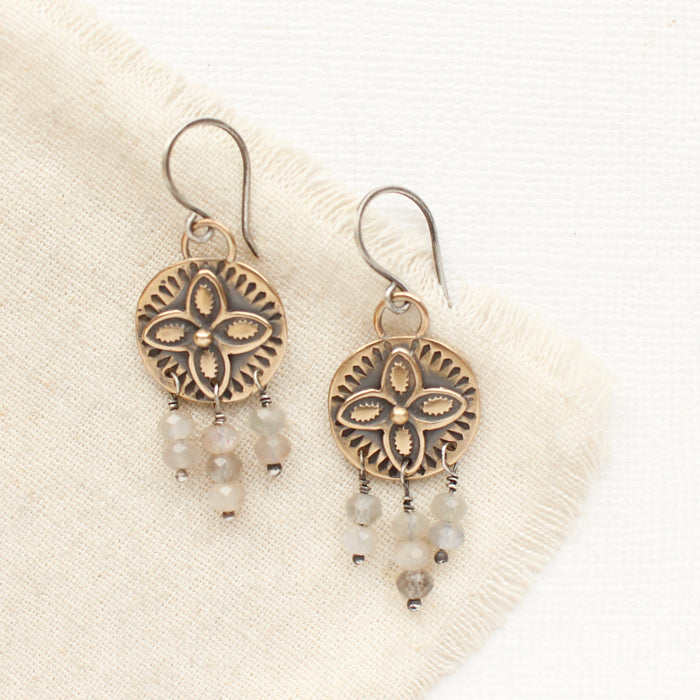 Bronze Wanderer Coin Gray Moonstone Earrings