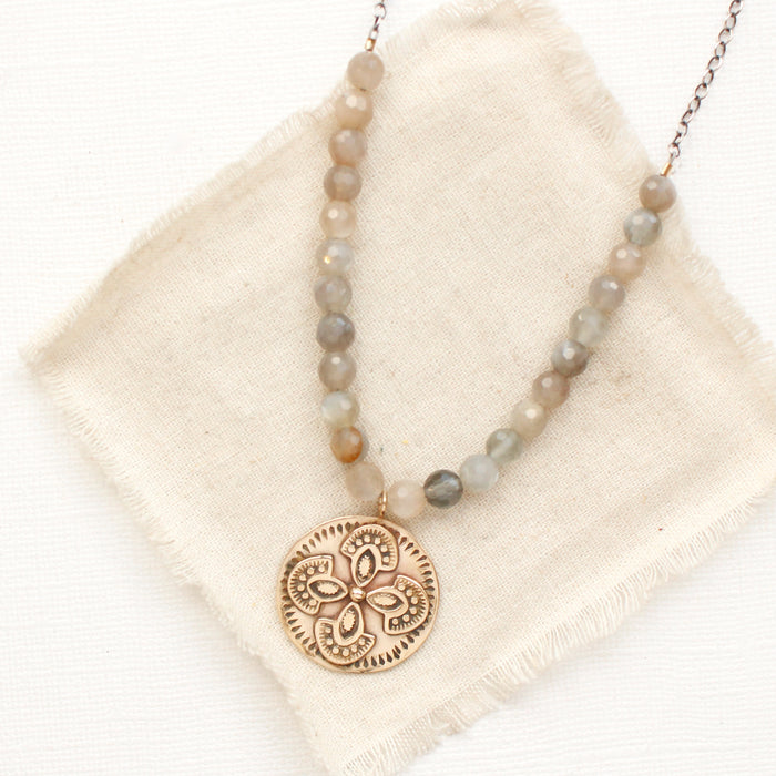 Bronze Wanderer Medallion Gray Moonstone Necklace