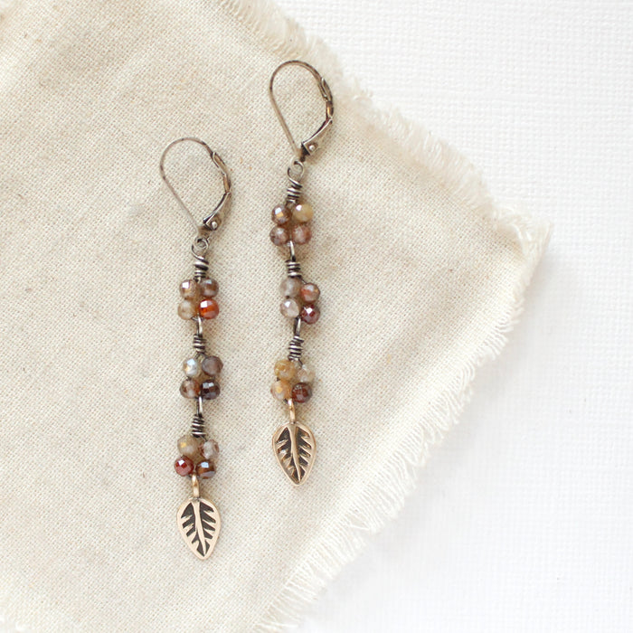 Flowing Brown Zircon Bronze Leaf Earrings