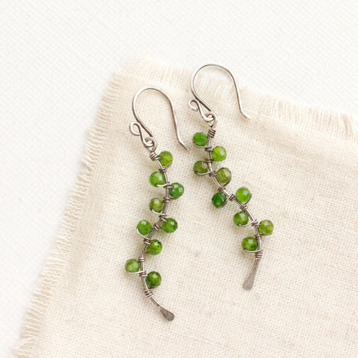 Chrome Diopside Wrapped Silver Vine Earrings