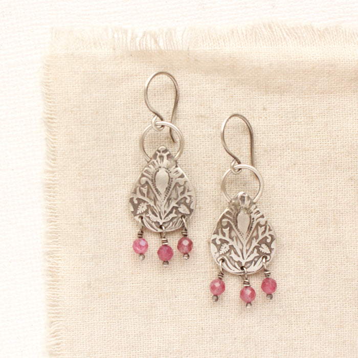 Embossed Teardrop Pink Tourmaline Earrings