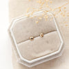 The gold nugget post earrings styled on a tan velvet box with dried grass