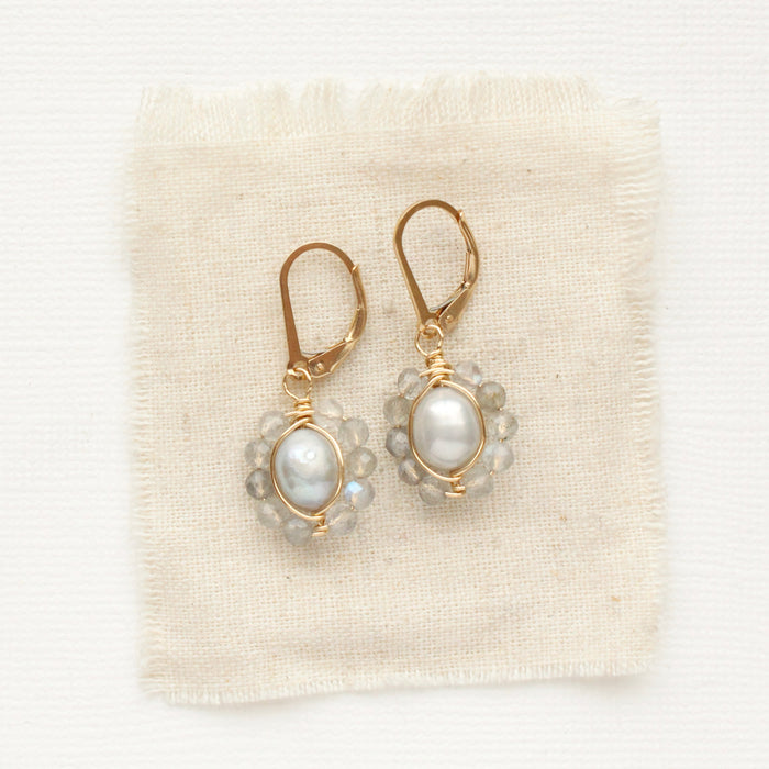 Gray Pearl & Labradorite Flower Earrings