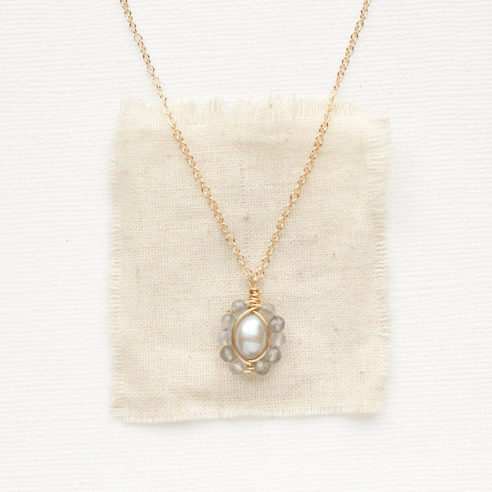 Gray Pearl & Labradorite Flower Necklace