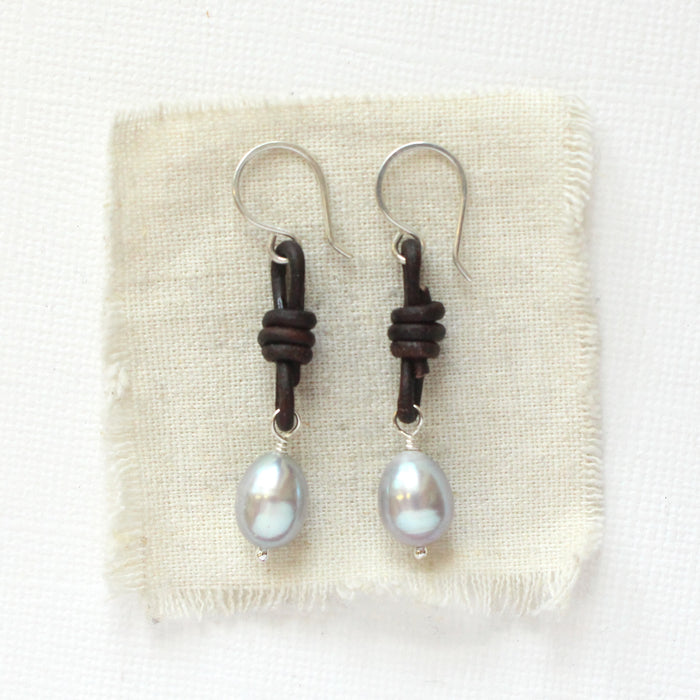 Gray Pearl Leather Earrings
