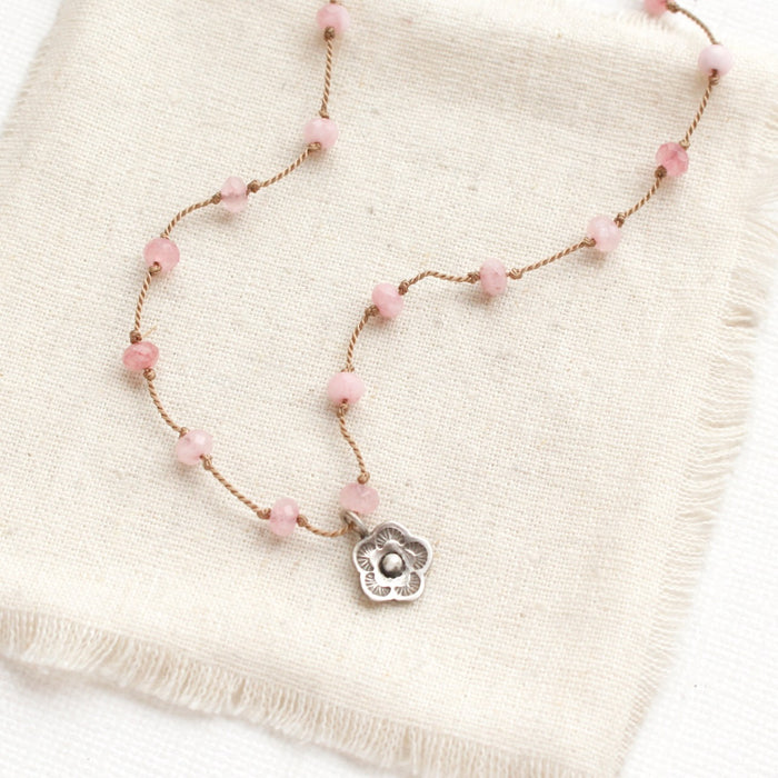 Knotted Pink Quartz & Mini Cactus Flower Necklace