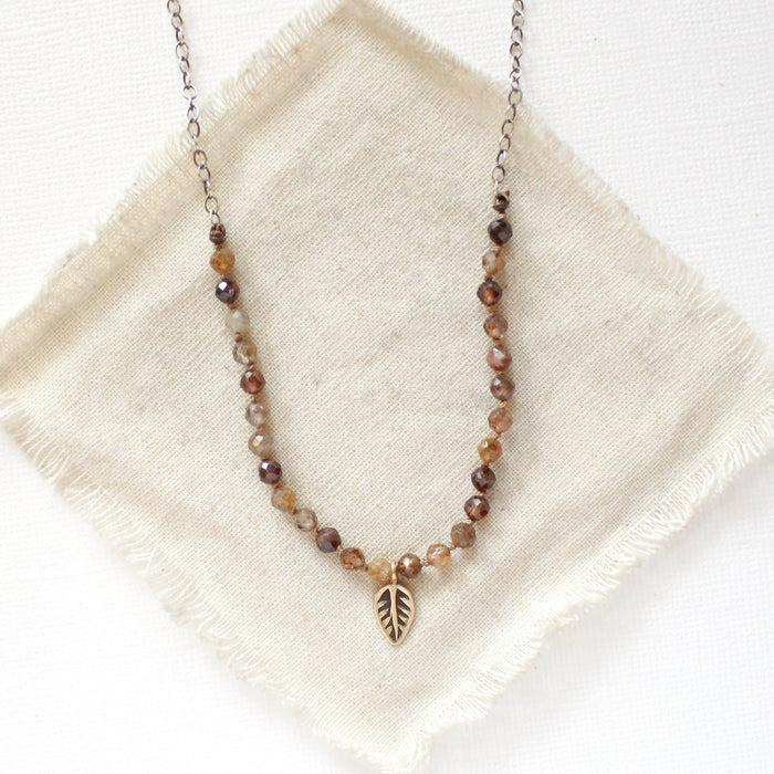 Knotted Brown Zircon & Bronze Leaf Necklace