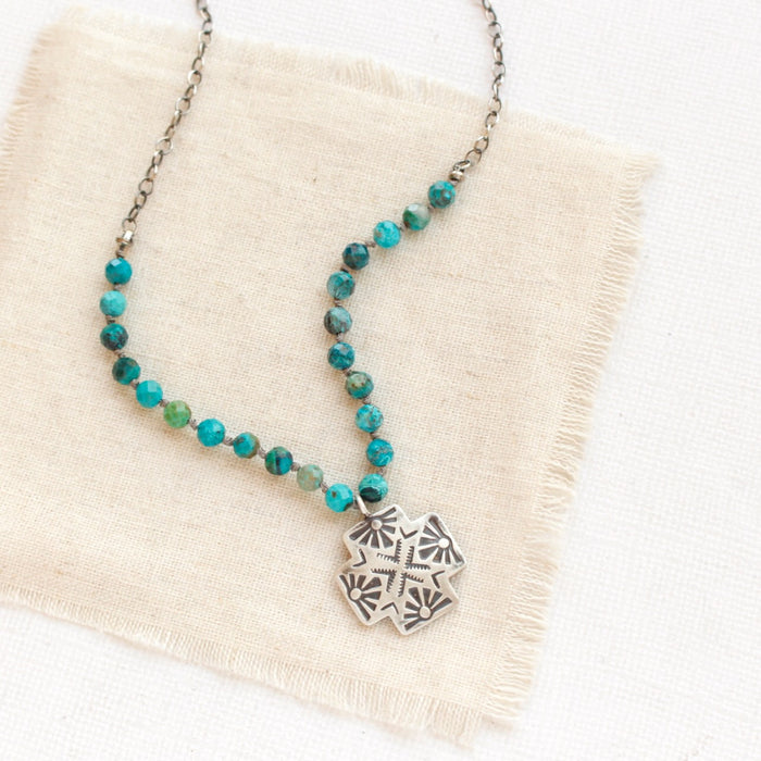 Knotted Chrysocolla Sun Cross Necklace