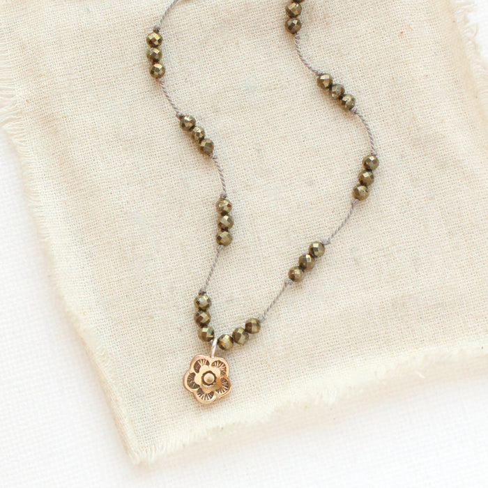 Knotted Pyrite Bronze Mini Cactus Flower Necklace
