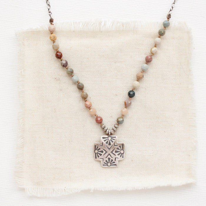 Knotted Rainbow Agate Sun Cross Necklace