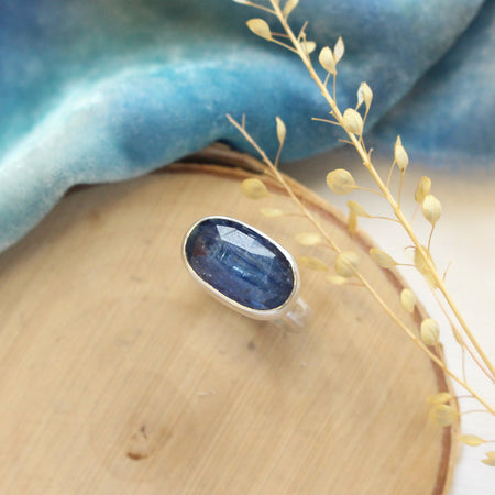 The kyanite ring styled on wood with blue velvet and dried grass