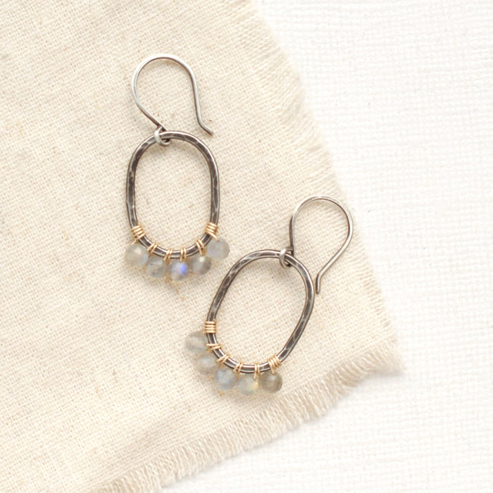 Labradorite Wrapped Mixed Metal Oval Earrings