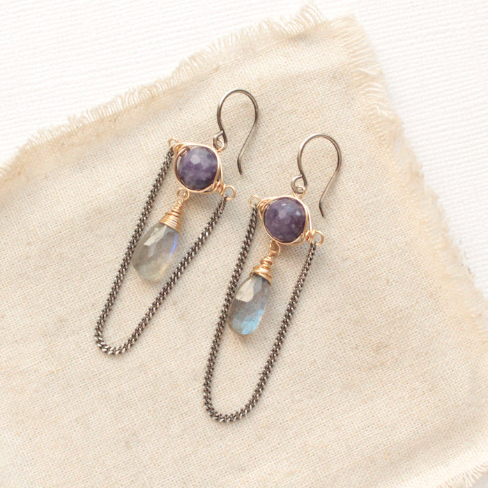 Lepidolite & Labradorite Chain Earrings