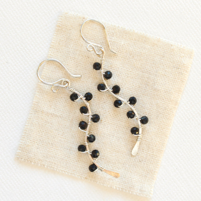 Onyx Wrapped Silver Vine Earrings
